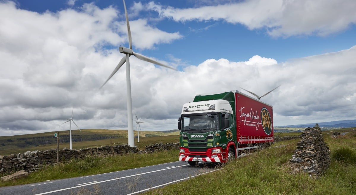 We’ve launched our first 100% HVO-fuelled depot 3 Fagan & whalley vehicle on road with wind turbines